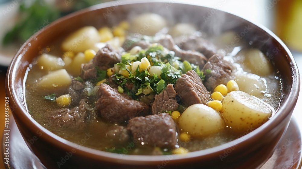 Steaming hot bowl of hearty beef stew with potatoes and corn. Steaming hot bowl of hearty beef stew with potatoes and corn.