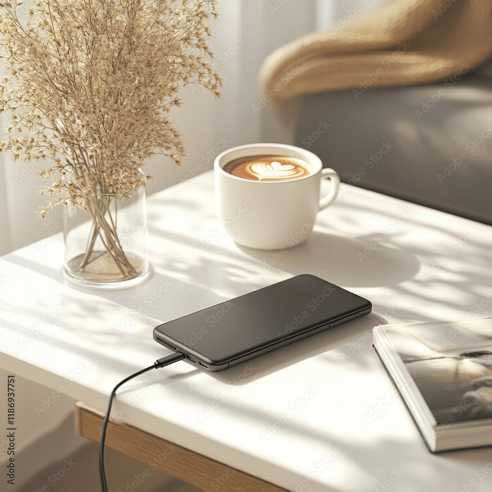 smartphone charging on table next to cup of coffee and dried flowers, creating cozy atmosphere. Perfect for modern lifestyle setting smartphone charging on table next to cup of coffee and dried flowers, creating cozy atmosphere. Perfect for modern lifestyle setting