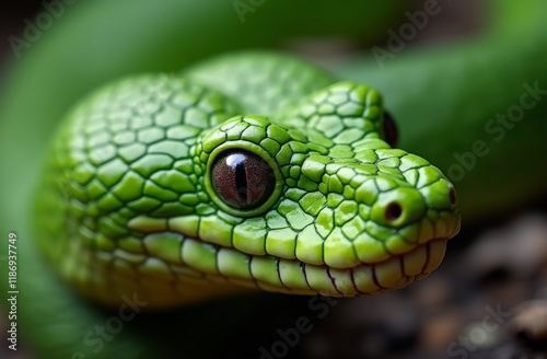 Close-up of a green snake with intricate scale patterns, slit pupils, and vibrant coloration, coiled in a natural pose against a blurred background photo