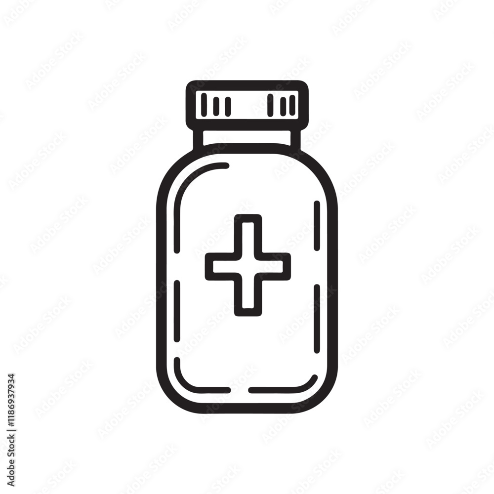A simple line drawing of a medicine bottle with a cross symbol on it A simple line drawing of a medicine bottle with a cross symbol on it