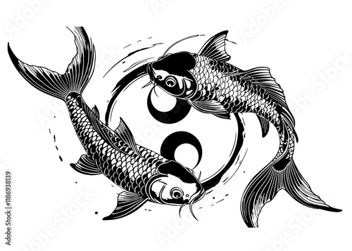 Koi Fish Sketch Drawing. set of cartoon fish illustration black and white.hand drawn koi fish with flower tattoo for Arm.Japanese tattoo and illustration for coloring.Asian traditional tattoo design.