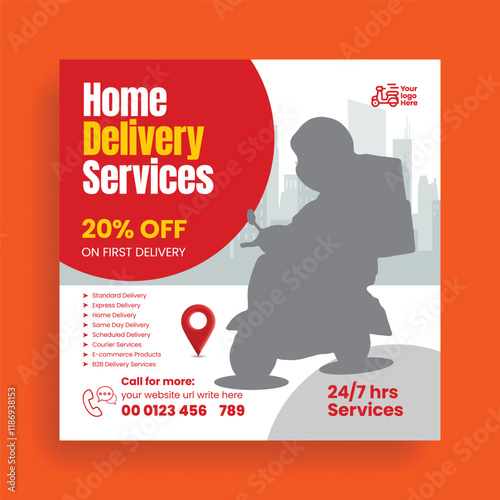Express Delivery Social Media Post banner ad template,   Online Delivery service or Home Delivery Ads design, online Food delivery promotional advertising social media square flyer or poster design