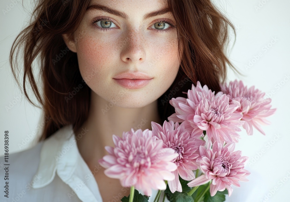 A beautiful woman with brown hair, wearing white , holds pink chrysanthemum flowers on her face and shoulders, isolated against a background of a beauty salon. A beautiful woman with brown hair, wearing white , holds pink chrysanthemum flowers on her face and shoulders, isolated against a background of a beauty salon.