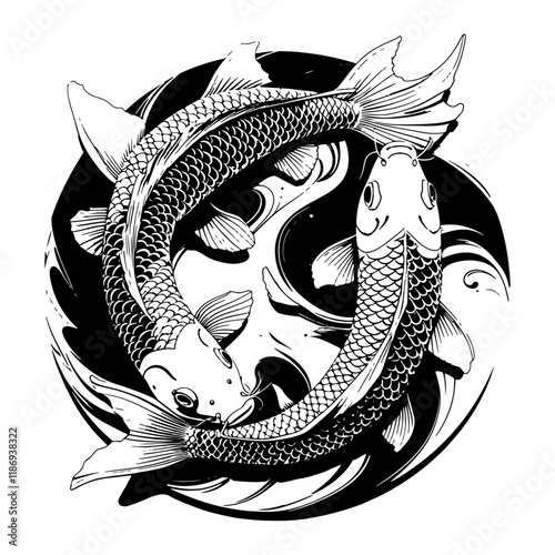 Koi Fish Sketch Drawing. set of cartoon fish illustration black and white.hand drawn koi fish with flower tattoo for Arm.Japanese tattoo and illustration for coloring.Asian traditional tattoo design.