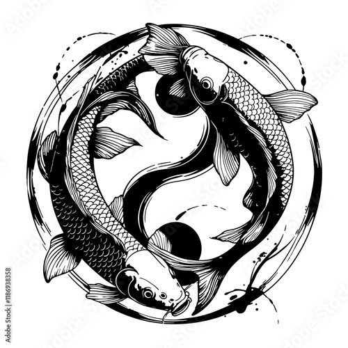 Koi Fish Sketch Drawing. set of cartoon fish illustration black and white.hand drawn koi fish with flower tattoo for Arm.Japanese tattoo and illustration for coloring.Asian traditional tattoo design.