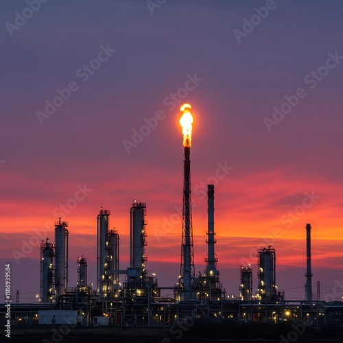 A gas flare burning at an oil refinery with a dramatic sunset in the background. Oil and Gas