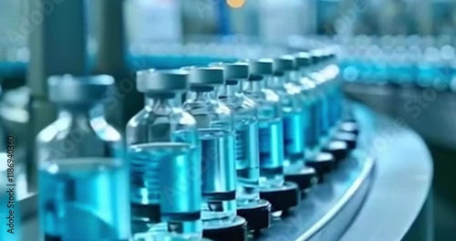 A pharmaceutical company's large-scale production showcases a conveyor belt carrying small, clear bottles filled with medicines and vaccines designed with generative AI
