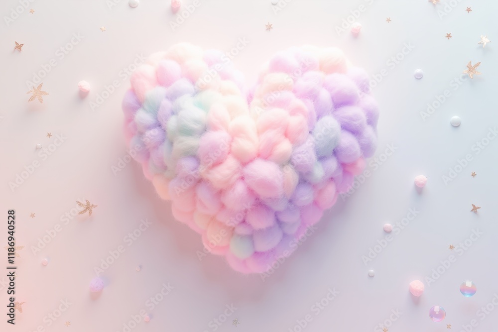 Obraz premium Soft Pastel Heart-Shaped Candy Glow Decoration on a Light Surface with Sparkling Stars and Colorful Confetti for a Whimsical and Dreamy Aesthetic