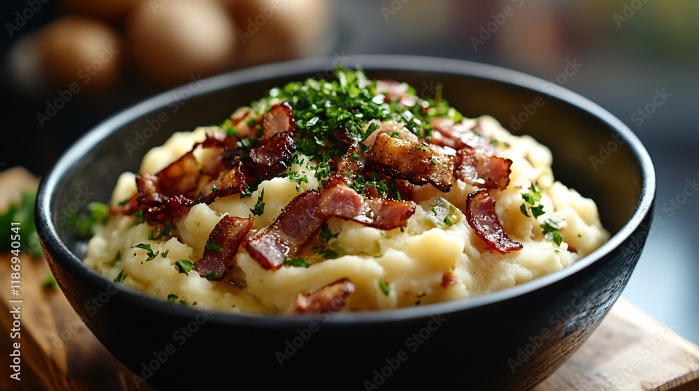 Creamy mashed potatoes topped with crispy bacon and fresh parsley in a dark bowl. Creamy mashed potatoes topped with crispy bacon and fresh parsley in a dark bowl.