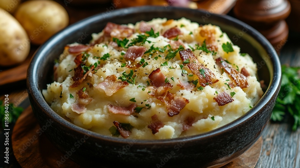 Creamy mashed potatoes with crispy bacon bits and fresh parsley in a rustic bowl. Creamy mashed potatoes with crispy bacon bits and fresh parsley in a rustic bowl.