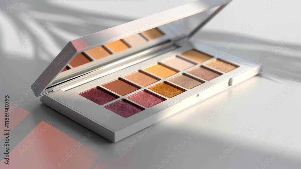 A high-quality eyeshadow palette with rich colors displayed on a minimal white background. The smooth surface and vibrant shades are emphasized with soft lighting. A high-quality eyeshadow palette with rich colors displayed on a minimal white background. The smooth surface and vibrant shades are emphasized with soft lighting.