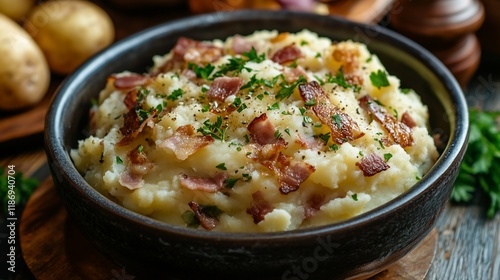 Wallpaper Mural Creamy mashed potatoes with crispy bacon bits and fresh parsley in a rustic bowl. Torontodigital.ca