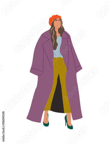Young stylish woman wearing winter, autumn warm outwear, coat, beret. Pretty girl standing full length. Vector flat illustration isolated on transparent background