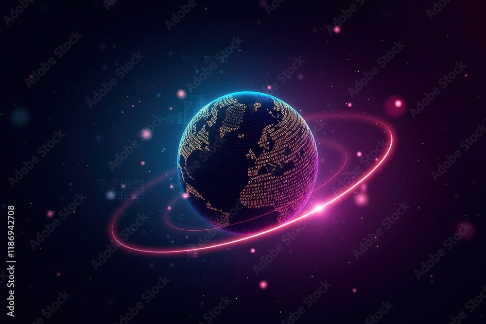 Fototapeta premium Futuristic Sphere Representing Earth Surrounded by Glowing Rings and Stars in Cosmic Space with a Digital Aesthetic