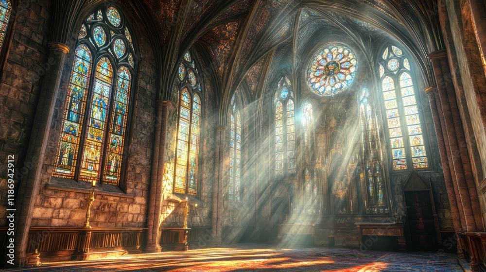 Fototapeta premium majestic cathedral interior with ornate stained-glass windows, symbolic of spirituality and grandeur, cinematic atmospheric theme