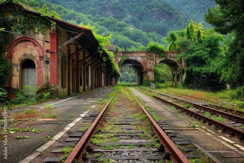 Abandoned railway station overgrown with vegetation, showcasing nature reclaiming human structures. photo