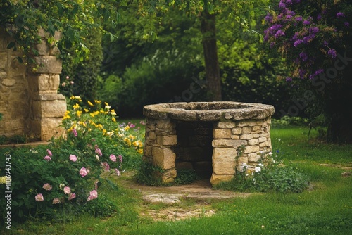 Old stone well surrounded by blooming flowers in a serene garden during daylight hours. Generative AI photo