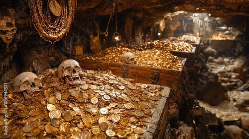 Pirate treasure chest filled with gold coins and skulls in a dark cave.