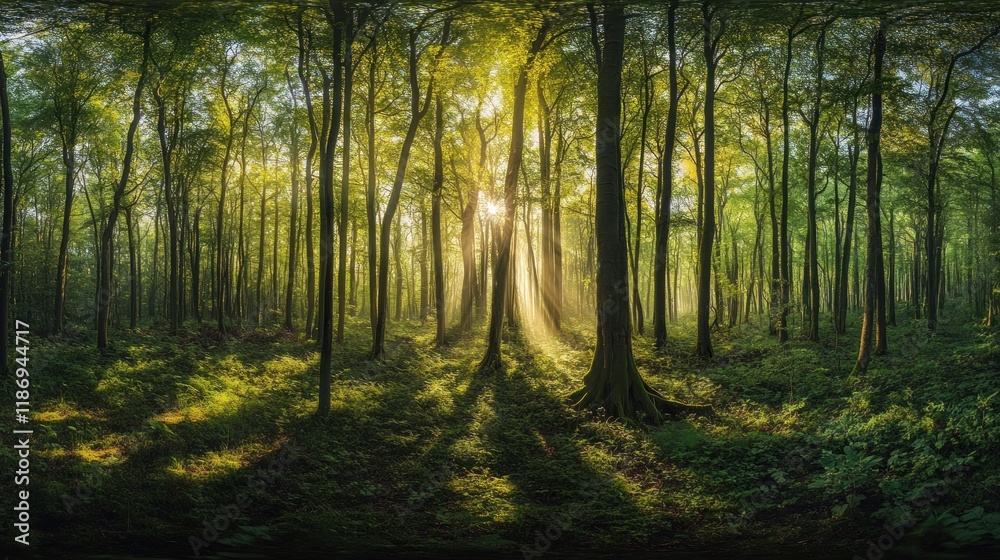 Obraz premium Sunrise beams through deciduous forest, dappled light, nature background, idyllic scene