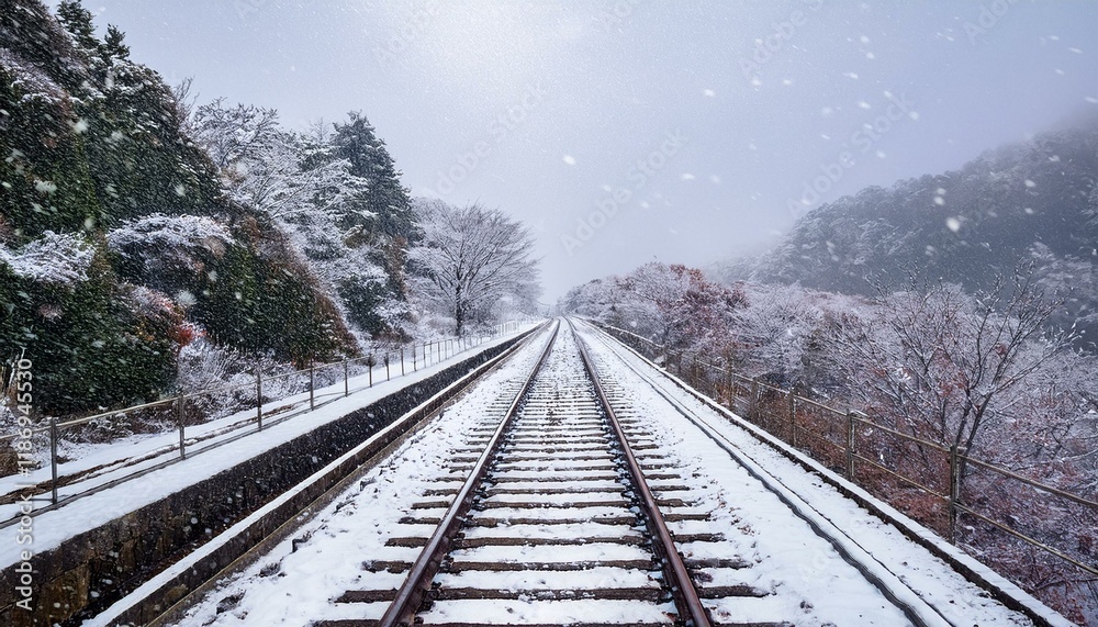 Fototapeta premium 雪の中に延びる静寂の鉄道が描く冬の風景１