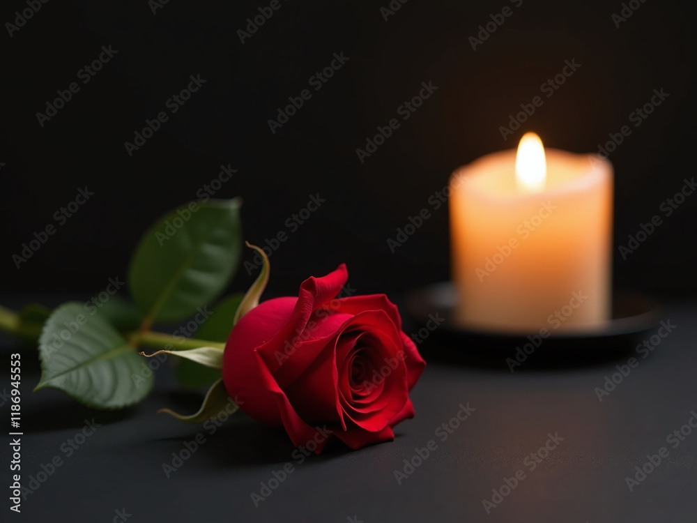 A Lone Red Rose Sits Atop A Black Surface Beside A Candle In A Minimalist Copy Space Setting. 00002