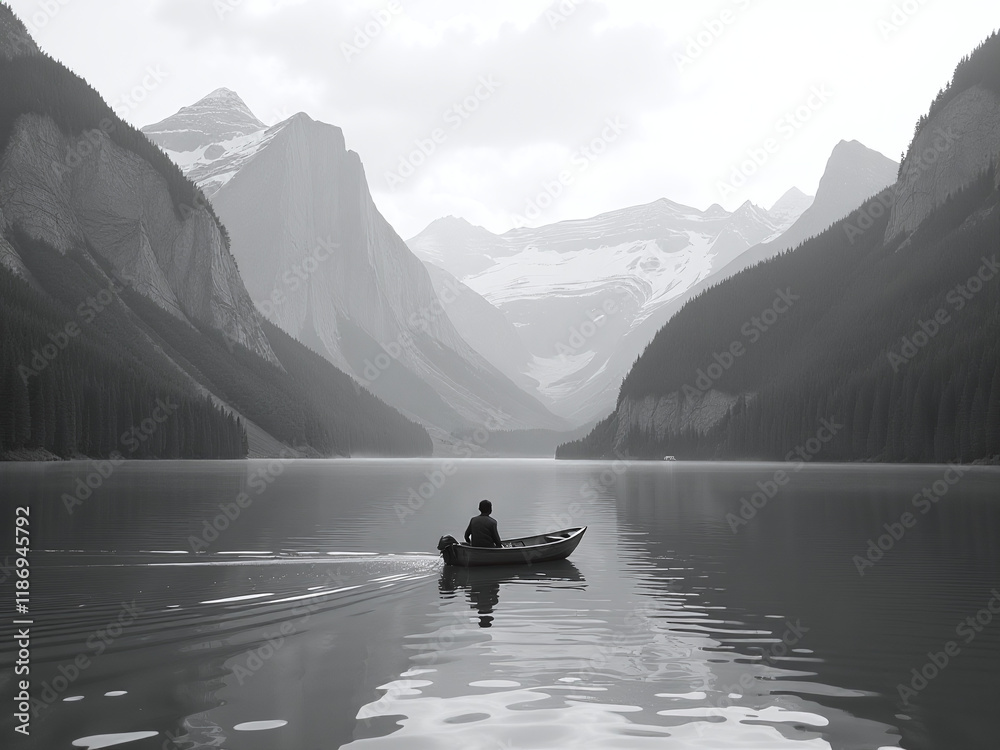 A Lone Figure Sits In A Small Boat On A Serene Lake Surrounded By Majestic Mountains In Striking Black And White Hues. 00001 A Lone Figure Sits In A Small Boat On A Serene Lake Surrounded By Majestic Mountains In Striking Black And White Hues. 00001