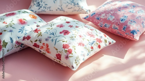 Set of decorative pillowcases in floral patterns, lying flat on a pastel pink surface with clean shadows.