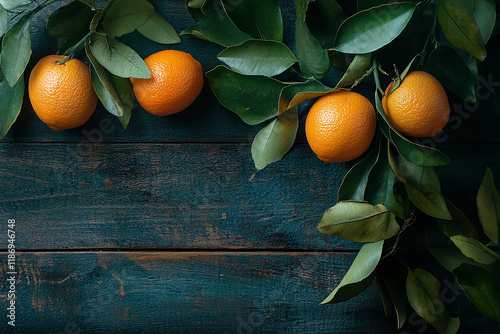 Citrus fruits with green leaves on wooden background.