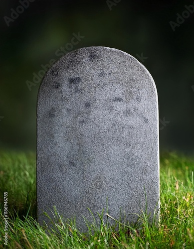 Grey cement gravestone blank mockup, cemetery grass