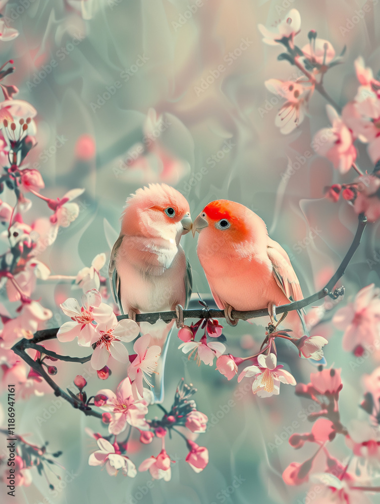 A romantic illustration of two birds on a branch A romantic illustration of two birds on a branch
