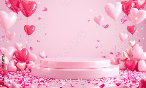 romantic scene featuring pink and red heart shaped balloons, petals, and podium, perfect for Valentine Day celebrations. atmosphere is festive and joyful