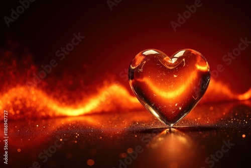 Glass Heart Radiating Warmth in Vibrant Firelight, Set Against a Glowing Backdrop of Warm Colors and Sparkling Particles for Romantic Themes photo