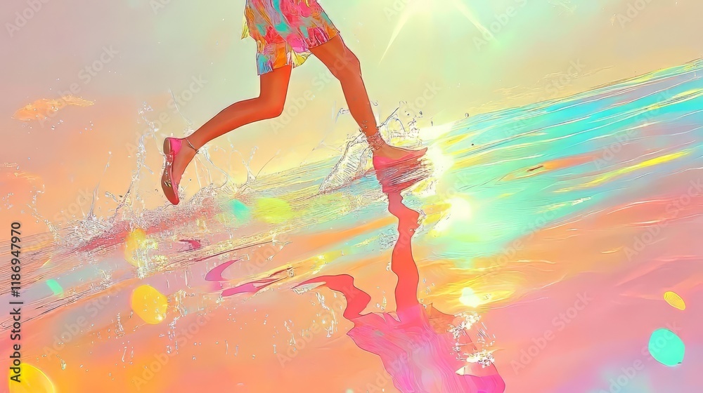 Naklejka premium woman runs at dawn, demonstrating her athletic form in motion. He loves freedom and fitness, surrounded by the beauty of nature under bright skies