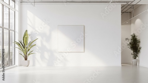 modern art gallery with white walls, bright lighting, minimalist decor, perfect for showcasing contemporary art and creative expression photo