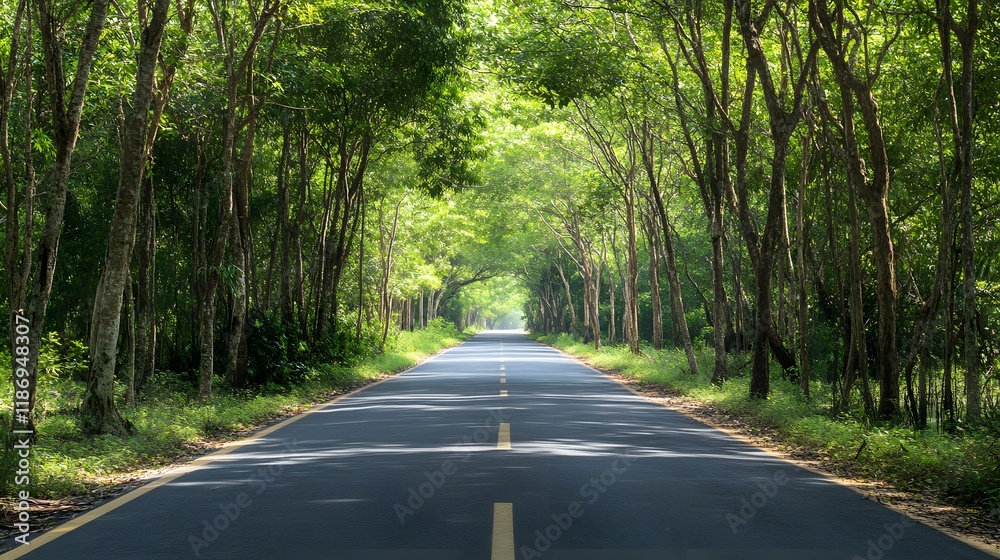 Obraz premium Scenic Road Through Lush Green Canopy Of Trees