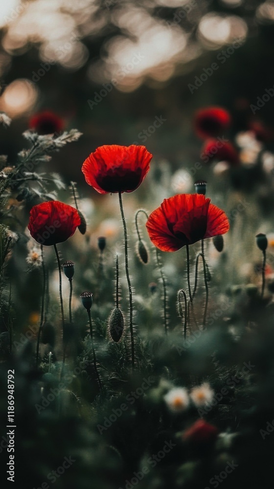 Obraz premium vivid red poppies standing tall in a lush green field, focus on contrast and nature's elegance