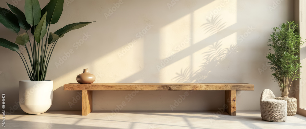 Fototapeta premium sunlit minimalist room with wooden bench potted plants