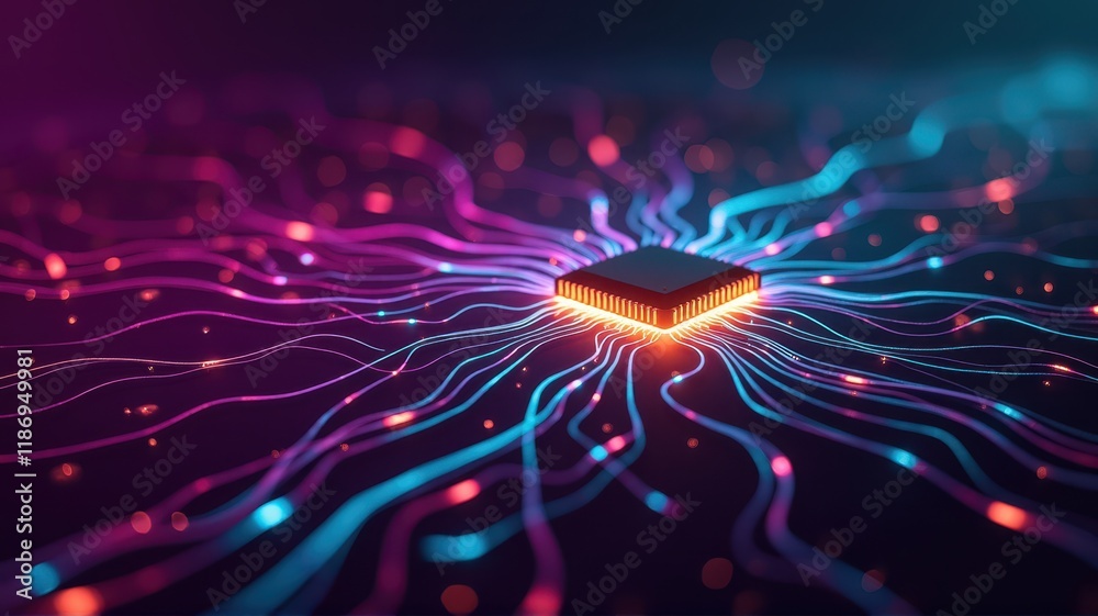 Obraz premium Abstract Representation of a Microchip Surrounded by Electric Current and Colorful Data Streams Illustrating Artificial Intelligence Technology