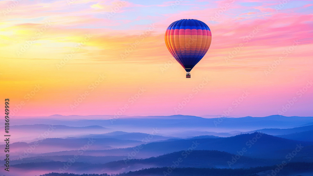 Fototapeta premium A hot air balloon gracefully soaring above a vast desert landscape at sunrise, with the horizon bathed in soft pink and orange hues, creating a serene and picturesque scene of adventure and beauty. 