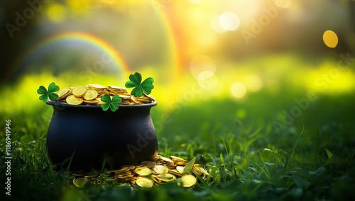 Pot of gold and rainbow, St. Patrick's Day themed background with space for text, gold coins in black cauldron on green grass bokeh background. photo