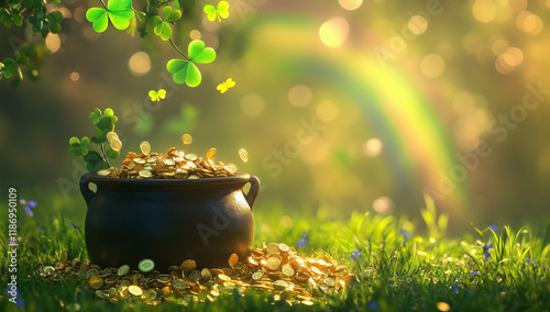 Pot filled with gold coins and rainbow on green background for St. Patrick's Day celebration.