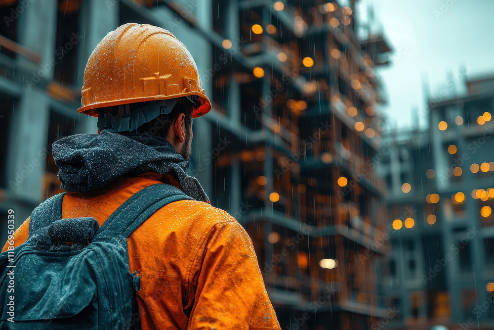 Fototapeta premium Construction worker observes rainy high-rise building site while wearing safety gear and reflecting on the project