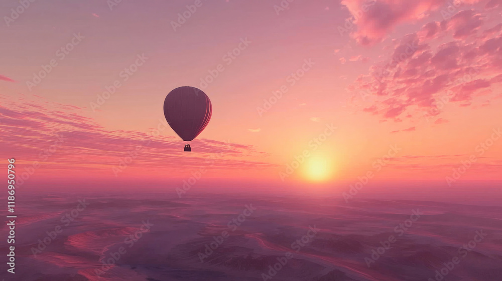 A hot air balloon gracefully soaring above a vast desert landscape at sunrise, with the horizon bathed in soft pink and orange hues, creating a serene and picturesque scene of adventure and beauty.
A hot air balloon gracefully soaring above a vast desert landscape at sunrise, with the horizon bathed in soft pink and orange hues, creating a serene and picturesque scene of adventure and beauty.