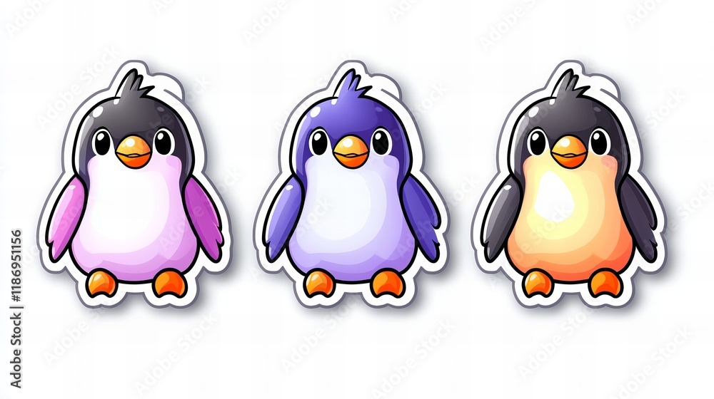 Naklejka premium Three adorable cartoon penguins in pink, purple, and orange. Perfect for kids!