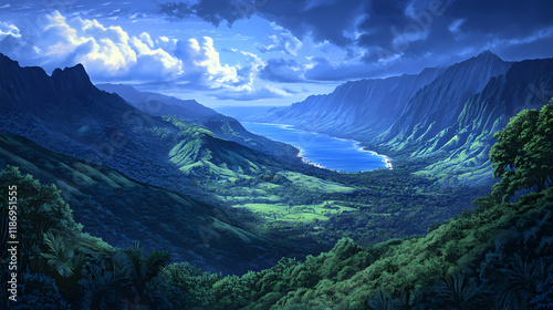 Maui's tranquil landscape boasts lush green mountains, winding roads, and shimmering pacific coastline, punctuated by notable geographic features and points of interest. Nightblaze. Illustration photo