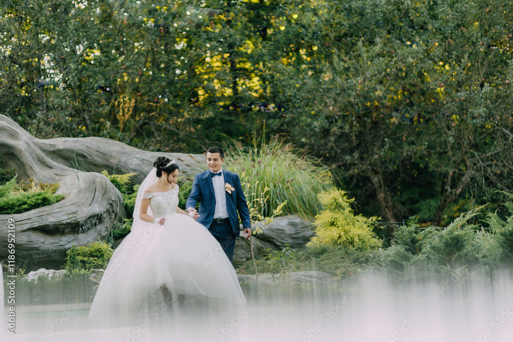 A bride and groom are walking through a park, surrounded by trees and a large rock. The bride is wearing a white dress and the groom is wearing a blue suit. Scene is romantic and peaceful A bride and groom are walking through a park, surrounded by trees and a large rock. The bride is wearing a white dress and the groom is wearing a blue suit. Scene is romantic and peaceful