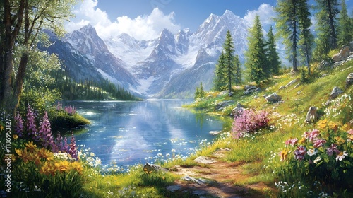 Alpine lake, scenic trail, mountain reflection, wildflowers, summer