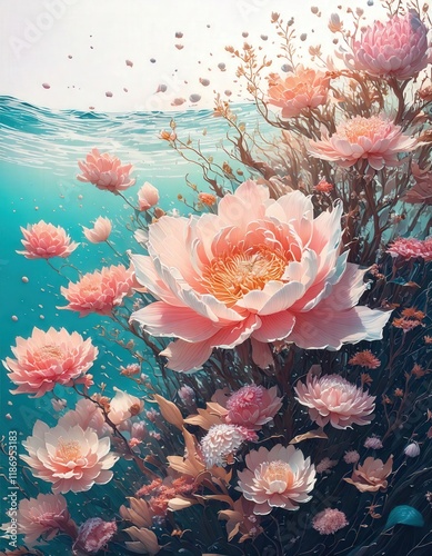 Wallpaper Mural 工芸的なディテール, 対称構成, 立体的デザイン, 花のアート, ゴールドテクスチャ, テキスタイル装飾, 青い花, ゴールドフレーム, バロックデザイン, クラシックなインスピレーション, 芸術的装飾. Torontodigital.ca