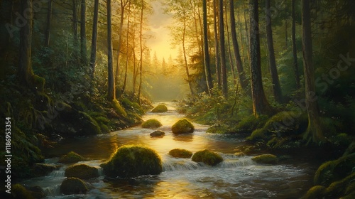 Golden Sunset Forest River Scene, Calm Water, Mossy Rocks, Peaceful Nature, Background Mountains, Ideal for Relaxation