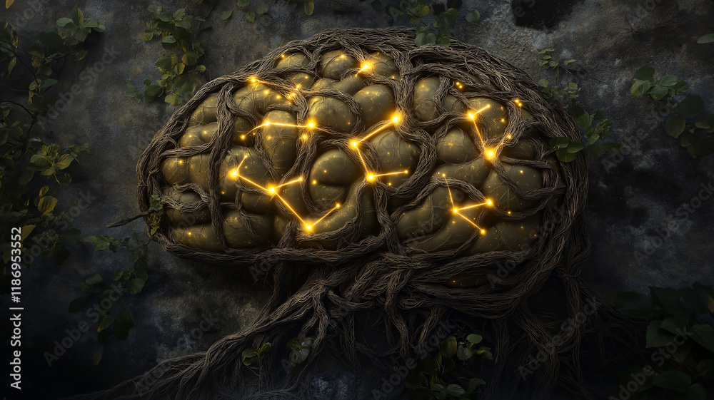 A human brain made of intricate tree roots and leaves, with glowing neurons depicted as fireflies A human brain made of intricate tree roots and leaves, with glowing neurons depicted as fireflies